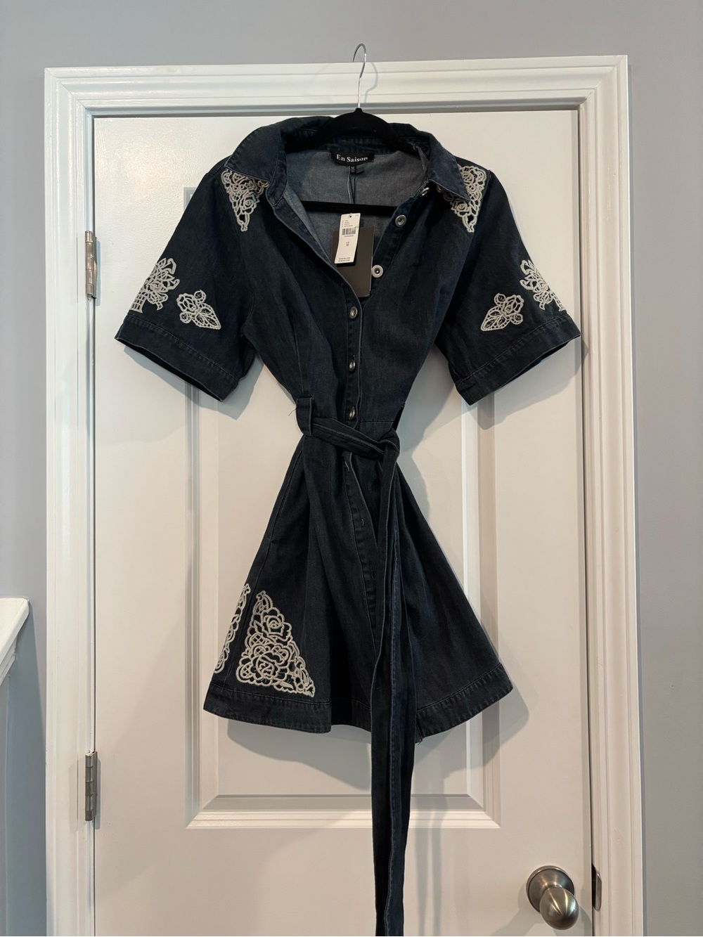En Saison Black Mini Shirt Dress with Cream Embroidery - Picture 6 of 8